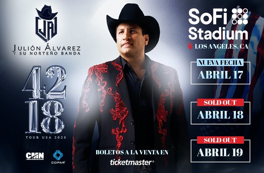 An empty stadium stage set up for a major Julion Alvarez concert tour.